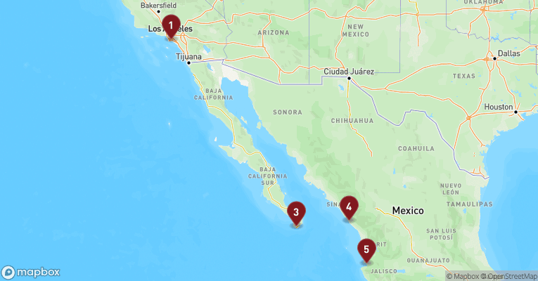 Kort over Californien & Mexico fra Los Angeles med Norwegian Encore