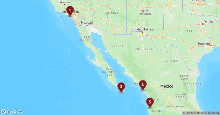 Kort over Californien & Mexico fra Los Angeles med Norwegian Encore