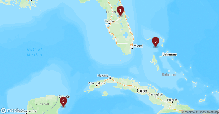Kort over Caribien & Bahamas fra Port Canaveral med Norwegian Getaway