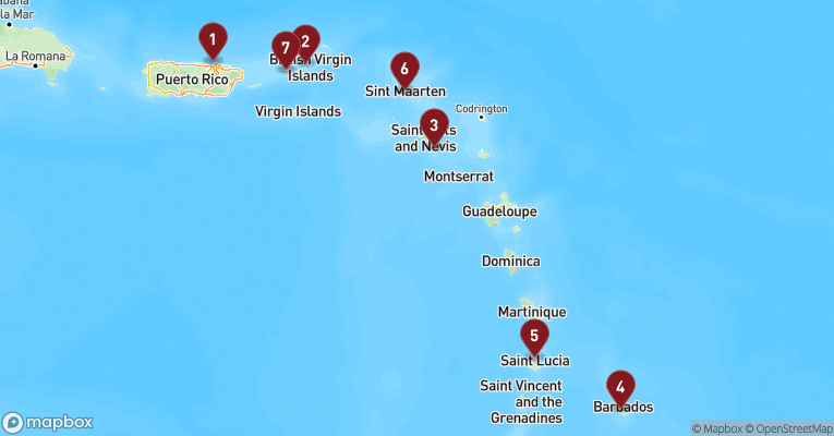 Kort over Caribien & Bahamas fra San Juan, Puerto Rico med Norwegian Prima