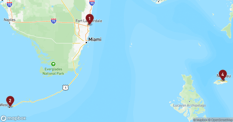 Kort over Caribien & Bahamas fra Fort Lauderdale med Celebrity Reflection