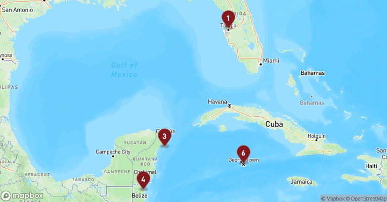 Kort over Caribien & Bahamas fra Tampa med Celebrity Summit