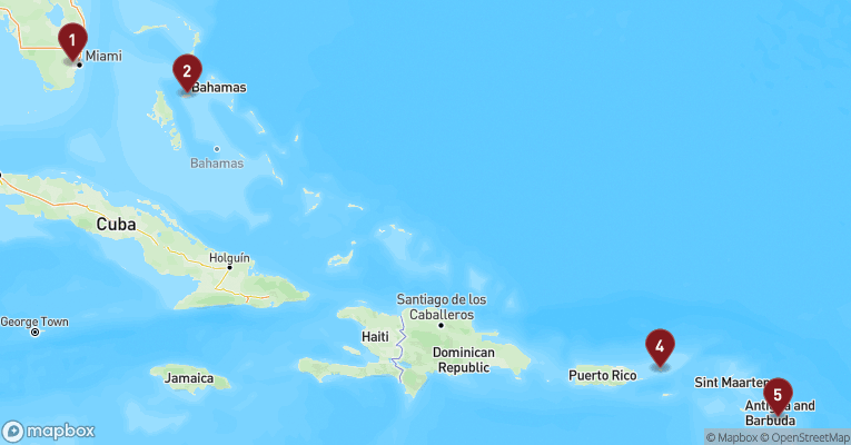 Kort over Caribien & Bahamas fra Miami med Celebrity Xcel