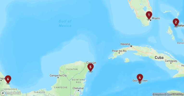 Kort over Caribien & Bahamas fra Miami med Celebrity Xcel