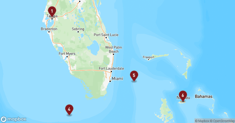 Kort over Caribien & Bahamas fra Tampa med Celebrity Summit