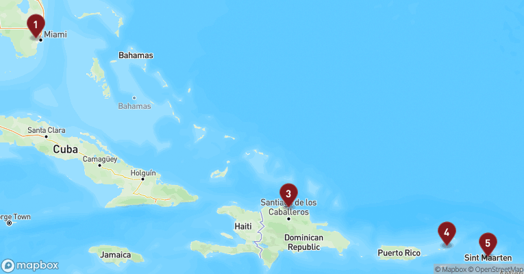 Kort over Caribien & Bahamas fra Miami med Celebrity Beyond