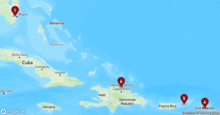 Kort over Caribien & Bahamas fra Miami med Celebrity Xcel