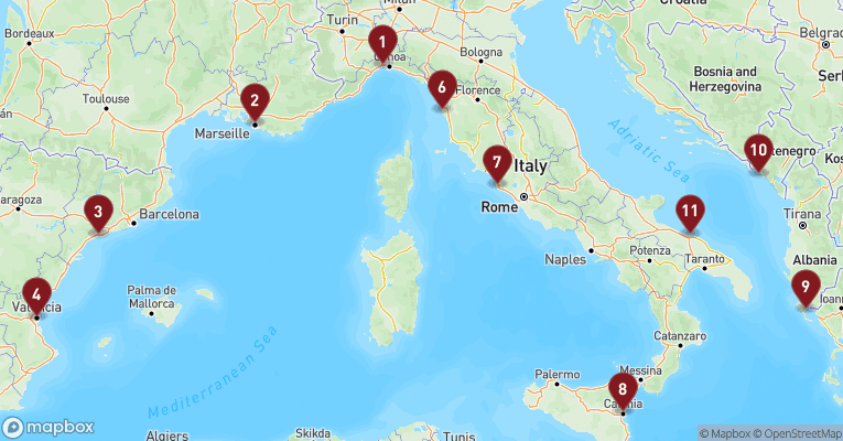 Kort over Middelhavet fra Genova med MSC Orchestra