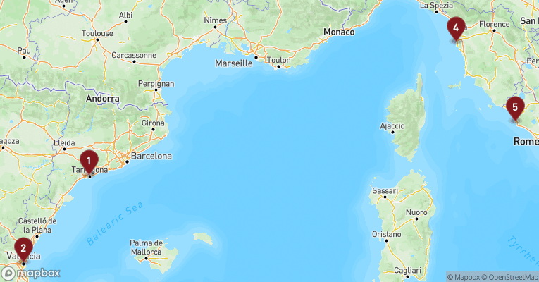 Kort over Middelhavet fra Tarragona med MSC Orchestra