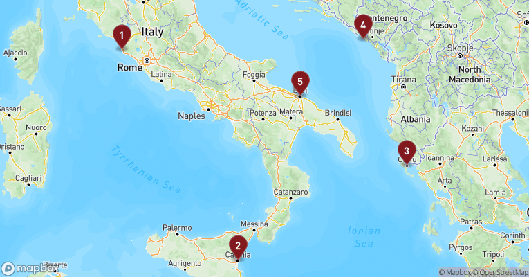 Kort over Middelhavet fra Civitavecchia - Rom med MSC Orchestra