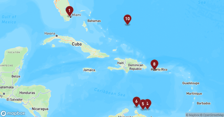 Kort over Caribien & Bahamas fra Miami med Zuiderdam