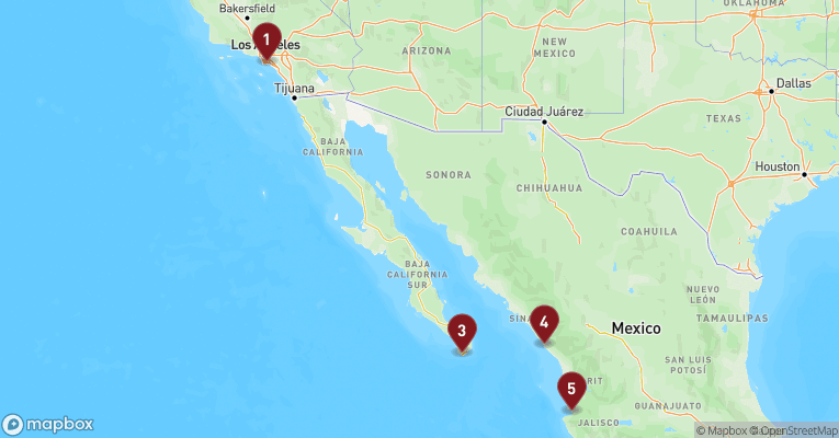 Kort over Californien & Mexico fra Los Angeles med Discovery Princess