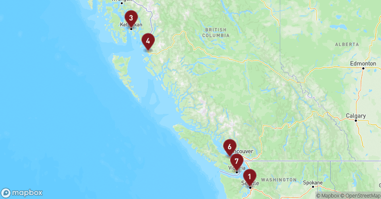 Kort over Nordamerika & Canada fra Seattle med Noordam