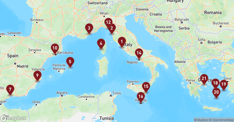 Kort over Middelhavet fra Civitavecchia - Rom med EXPLORA II