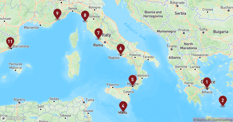Kort over Middelhavet fra Athen med EXPLORA II