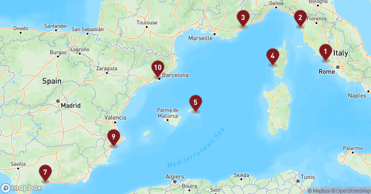 Kort over Middelhavet fra Civitavecchia - Rom med EXPLORA II