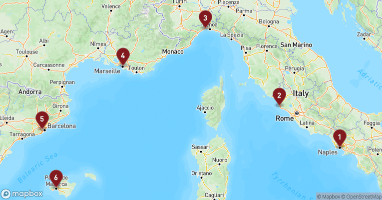 Kort over Middelhavet fra Napoli med Costa Toscana