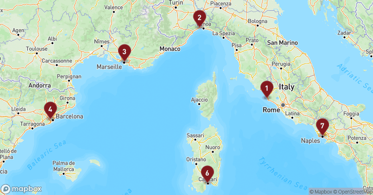Kort over Middelhavet fra Civitavecchia - Rom med Costa Toscana