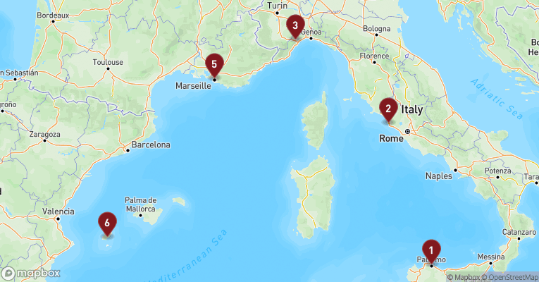 Kort over Middelhavet fra Palermo - Sicilien med Costa Smeralda