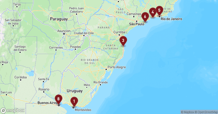 Kort over Sydamerika fra Montevideo med Costa Serena