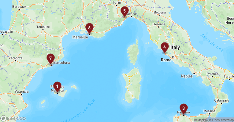 Kort over Middelhavet fra Cagliari - Sardinien med Costa Smeralda