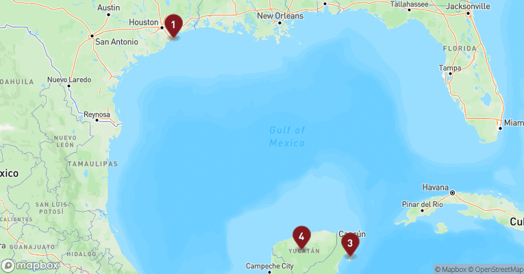 Kort over Caribien & Bahamas fra Galveston med Carnival Breeze