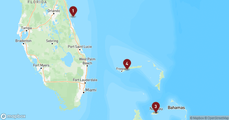 Kort over Caribien & Bahamas fra Port Canaveral med Carnival Glory