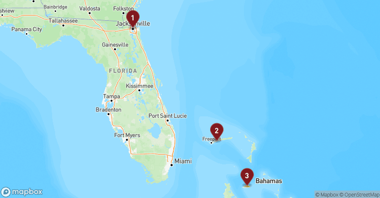 Kort over Caribien & Bahamas fra Jacksonville med Carnival Elation