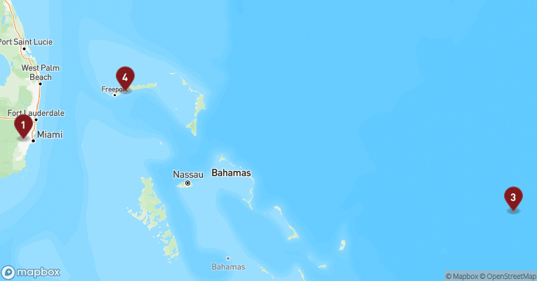 Kort over Caribien & Bahamas fra Miami med Carnival Conquest