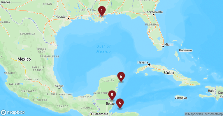 Kort over Caribien & Bahamas fra New Orleans med Carnival Liberty