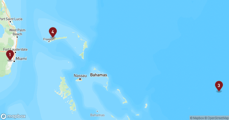 Kort over Caribien & Bahamas fra Miami med Carnival Sunrise