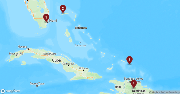 Kort over Caribien & Bahamas fra Miami med Carnival Magic