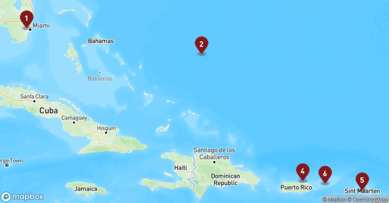 Kort over Caribien & Bahamas fra Miami med Carnival Magic