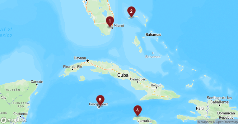 Kort over Caribien & Bahamas fra Miami med Carnival Horizon
