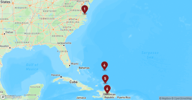 Kort over Caribien & Bahamas fra Norfolk med Carnival Sunshine
