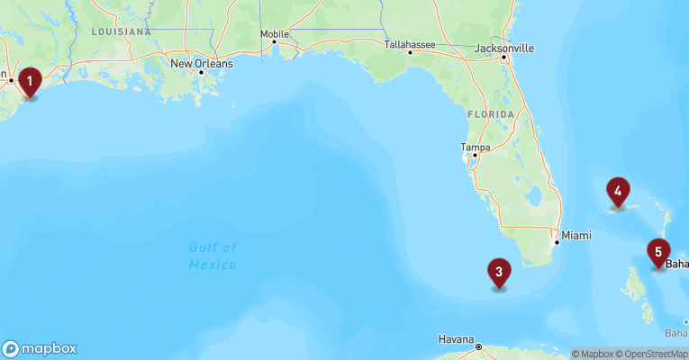 Kort over Caribien & Bahamas fra Galveston med Carnival Dream