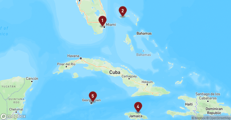 Kort over Caribien & Bahamas fra Miami med Carnival Horizon