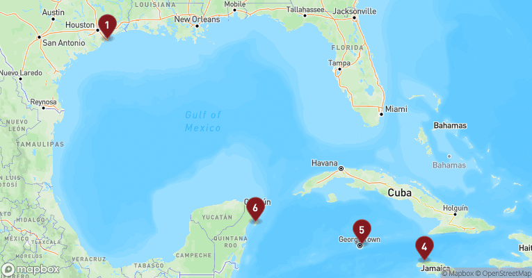 Kort over Caribien & Bahamas fra Galveston med Carnival Dream