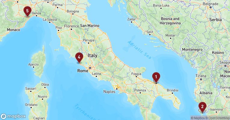 Kort over Middelhavet fra Bari med Costa Deliziosa