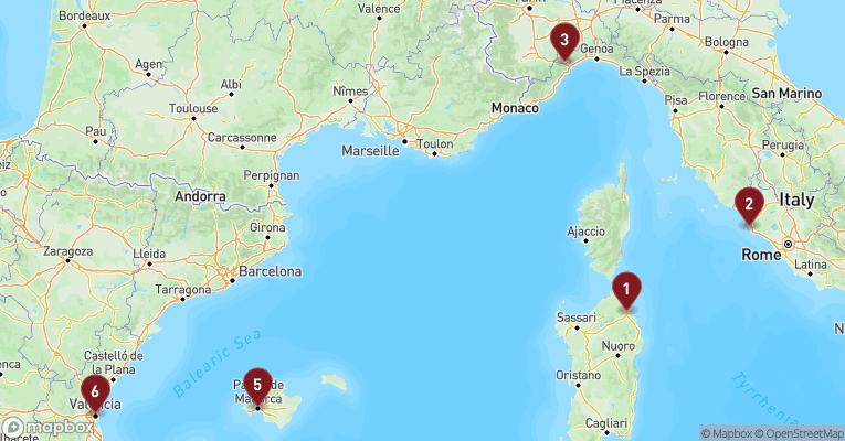 Kort over Middelhavet fra Olbia - Sardinien med Costa Pacifica