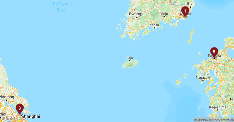 Kort over Asien & det Indiske Ocean fra Busan med Costa Serena