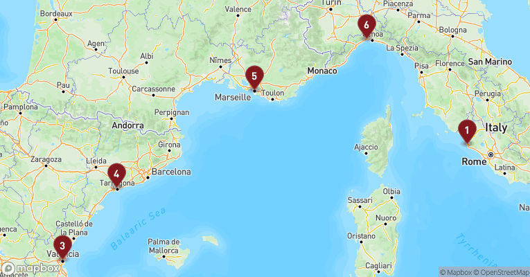 Kort over Middelhavet fra Civitavecchia - Rom med MSC Sinfonia
