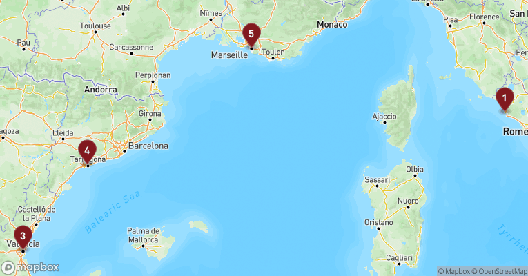 Kort over Middelhavet fra Civitavecchia - Rom med MSC Sinfonia