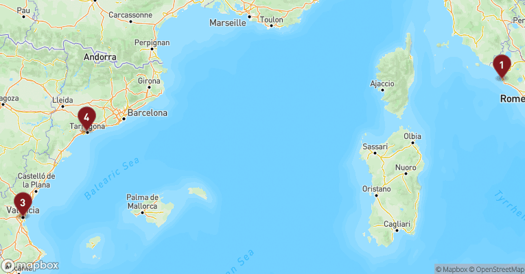 Kort over Middelhavet fra Civitavecchia - Rom med MSC Sinfonia