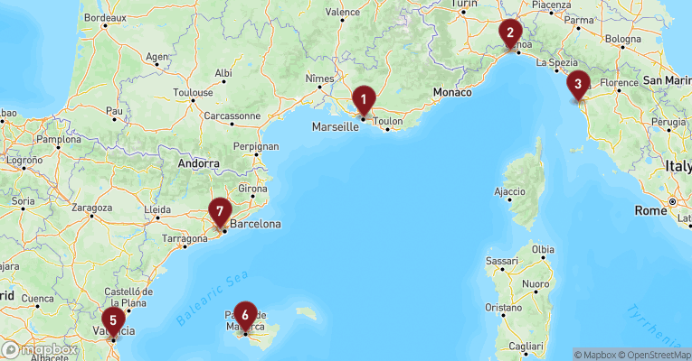 Kort over Middelhavet fra Marseille med MSC Sinfonia