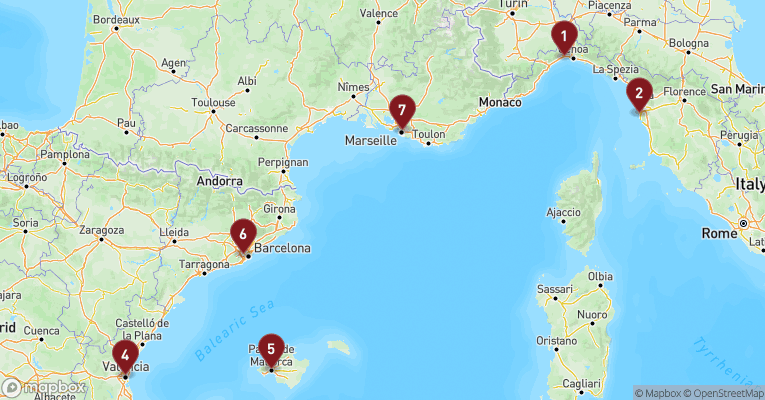 Kort over Middelhavet fra Genova med MSC Sinfonia