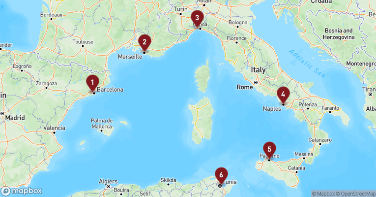 Kort over Middelhavet fra Barcelona med MSC Euribia