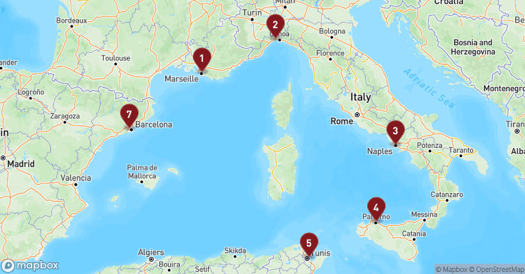 Kort over Middelhavet fra Marseille med MSC Euribia