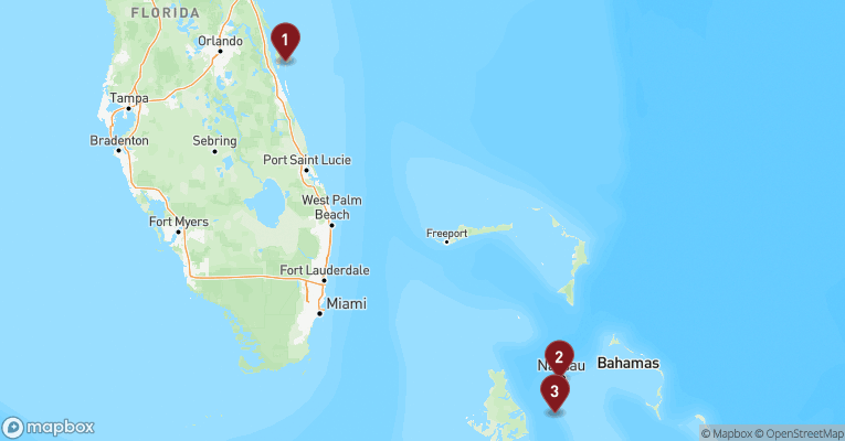 Kort over Caribien & Bahamas fra Port Canaveral med MSC Seashore