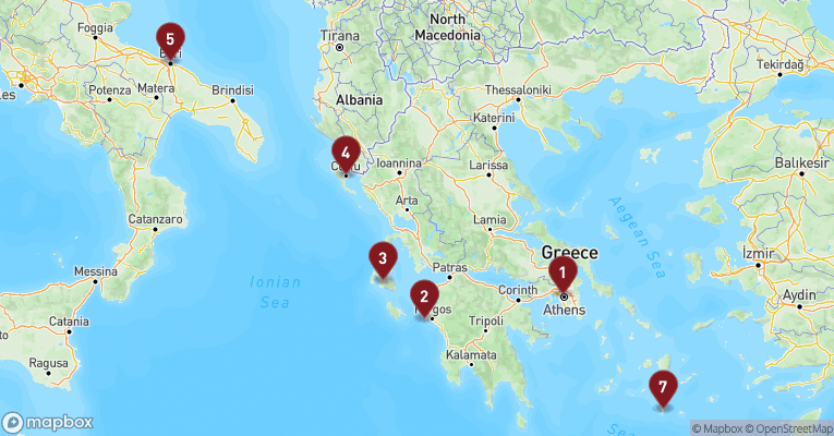 Kort over Middelhavet fra Athen med MSC Sinfonia